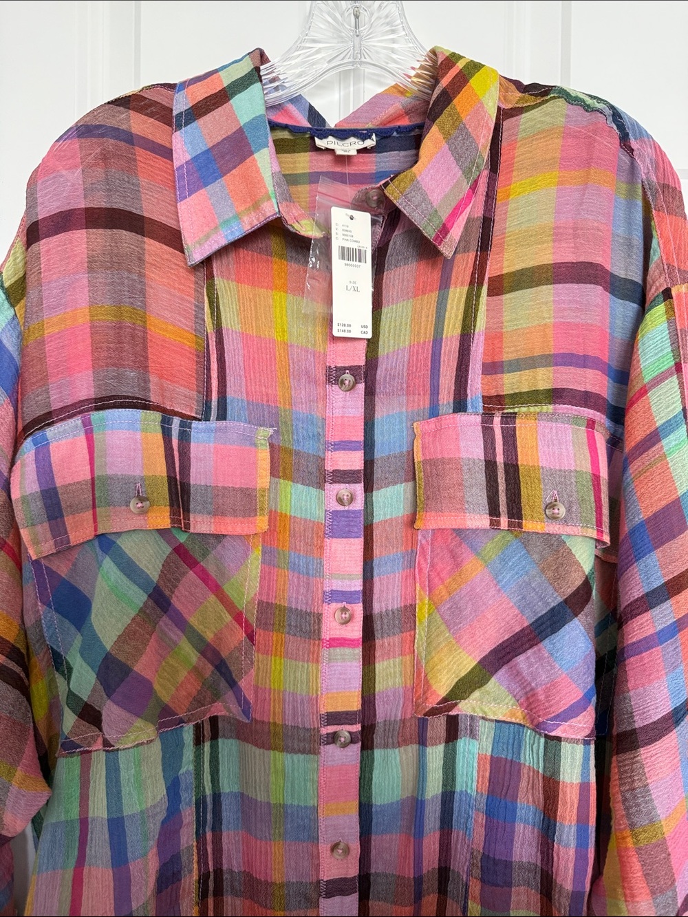 Pilcro Multicolor Plaid Button-Down Shirt - Pink, Blue, Green, Yellow - Picture 8 of 10